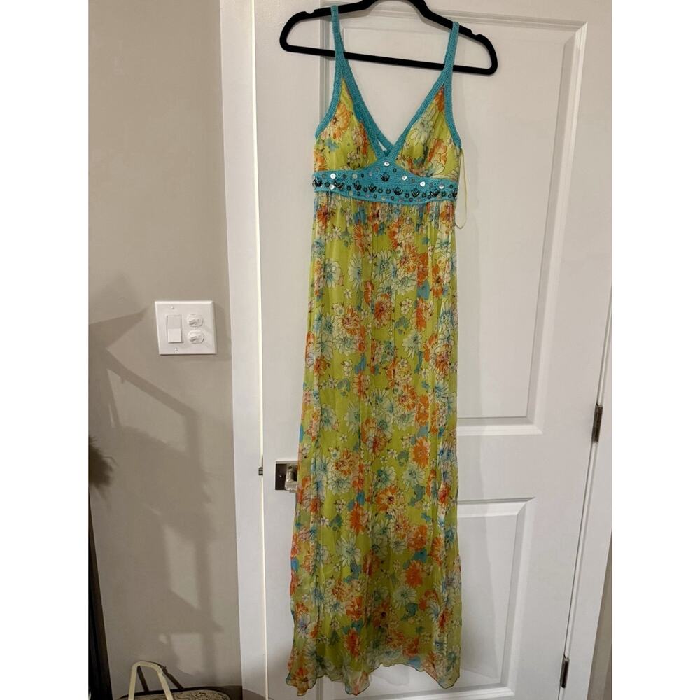 100% Silk Sue Wong Green Multicolor Beaded Floral Maxi Dress Blue Crochet - Picture 9 of 13